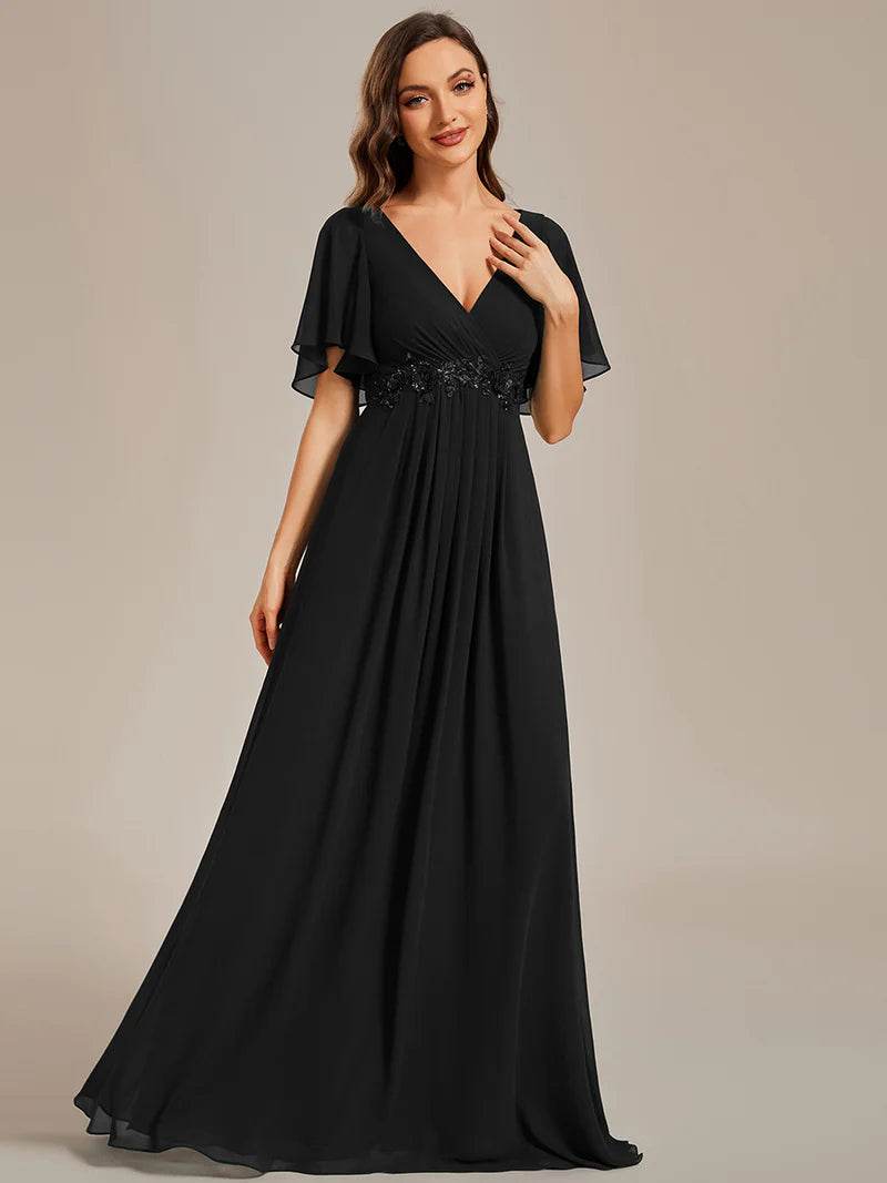 Elegant V-Neck Pleated Bridesmaid Dress with Floral Appliqués - Biamonde